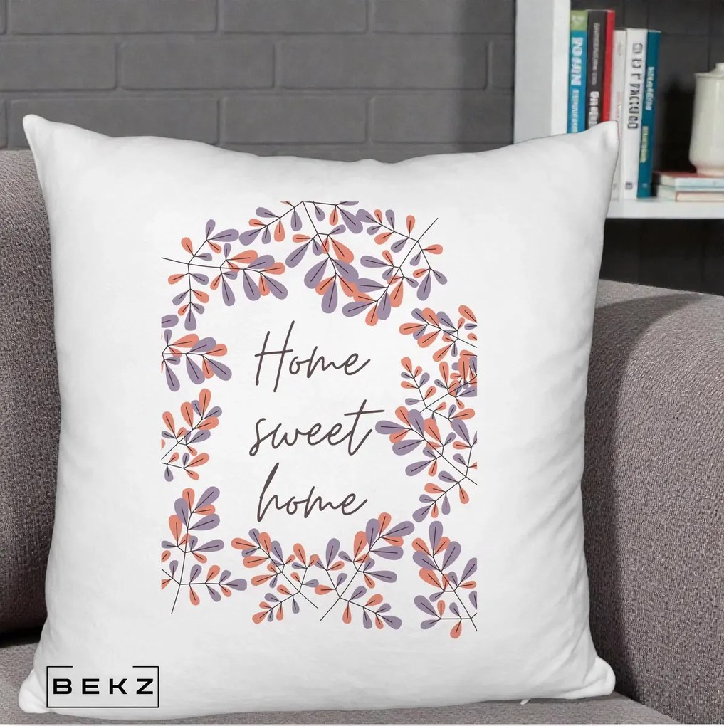 Perna decorativa Home Sweet Home Frunze Colorate, 40x40 cm cu Umplutura, Alb Pufos, BEKZ