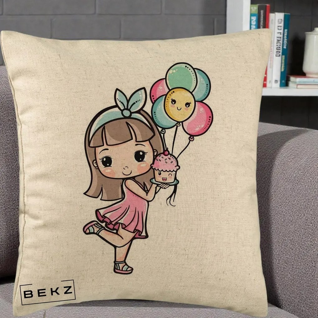 Perna Decorativa Fetita Kawaii cu Baloane si Cupcake, 40x40 cm, Bej, Husa Detasabila, Perna Inclusa, BEKZ®