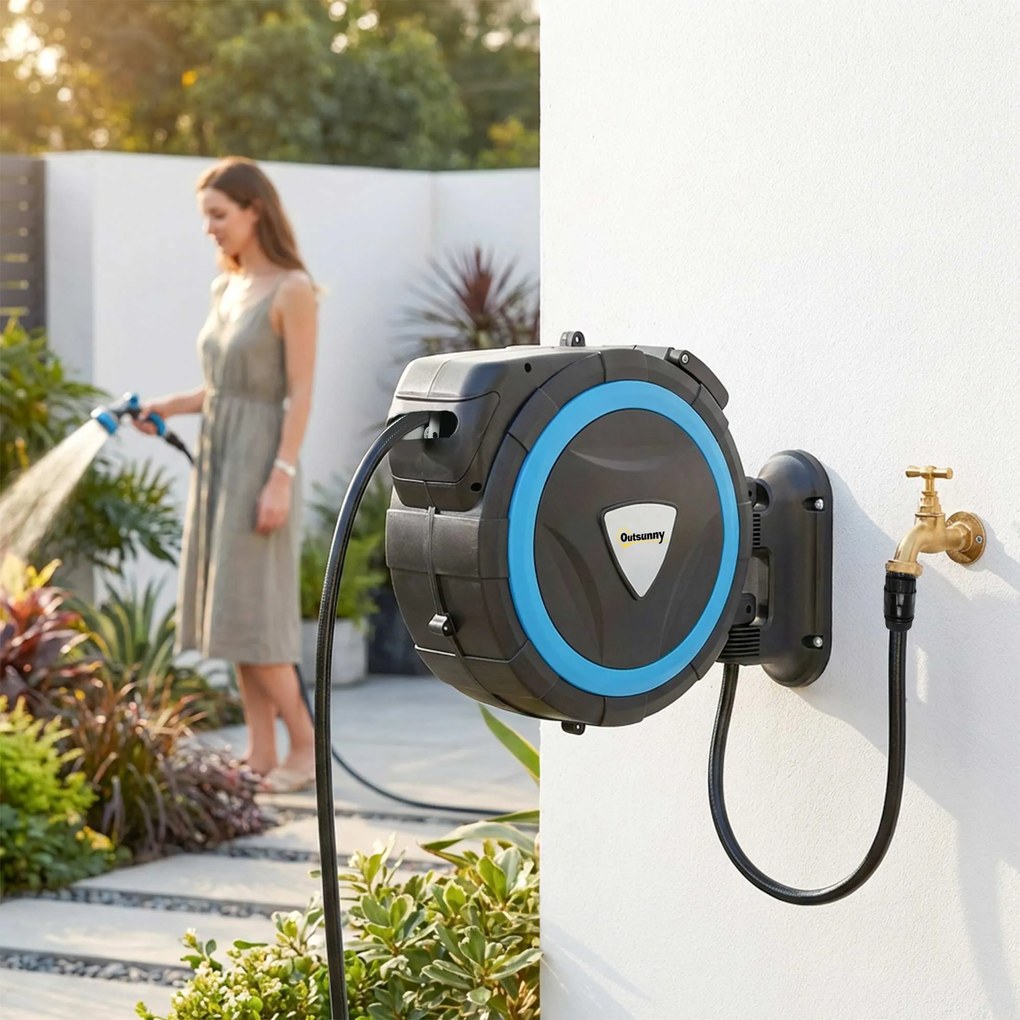 Outsunny Derulator Furtun Udare Montat pe Perete 14+1,5 m cu Blocare și Adaptoare, Rotativ 180°, 12 Moduri, 49x15x37cm, Albastru | Aosom Romania
