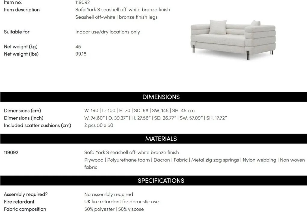 Canapea design LUX York S, Seashell off-white