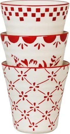 Cană din ceramică artizanală, natur, cu motive florale stilizate pictate manual roșu și bordură decorativă, fără mâner, 10×10 cm, „Marion Clover"