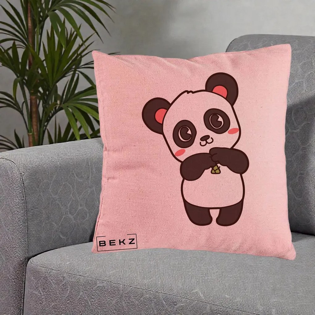 Perna Personalizata Panda Kawaii cu Bambus, 40x40 cm, Roz, Husa Detasabila, Perna Inclusa, BEKZ®