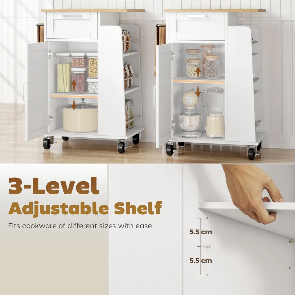 Cărucior de Bucătărie HOMCOM cu Sertar, Dulap, Suport pentru Prosoape și 3 Suporturi pentru Condimente, din Lemn, 62x40x87 cm, Alb | Aosom Romania