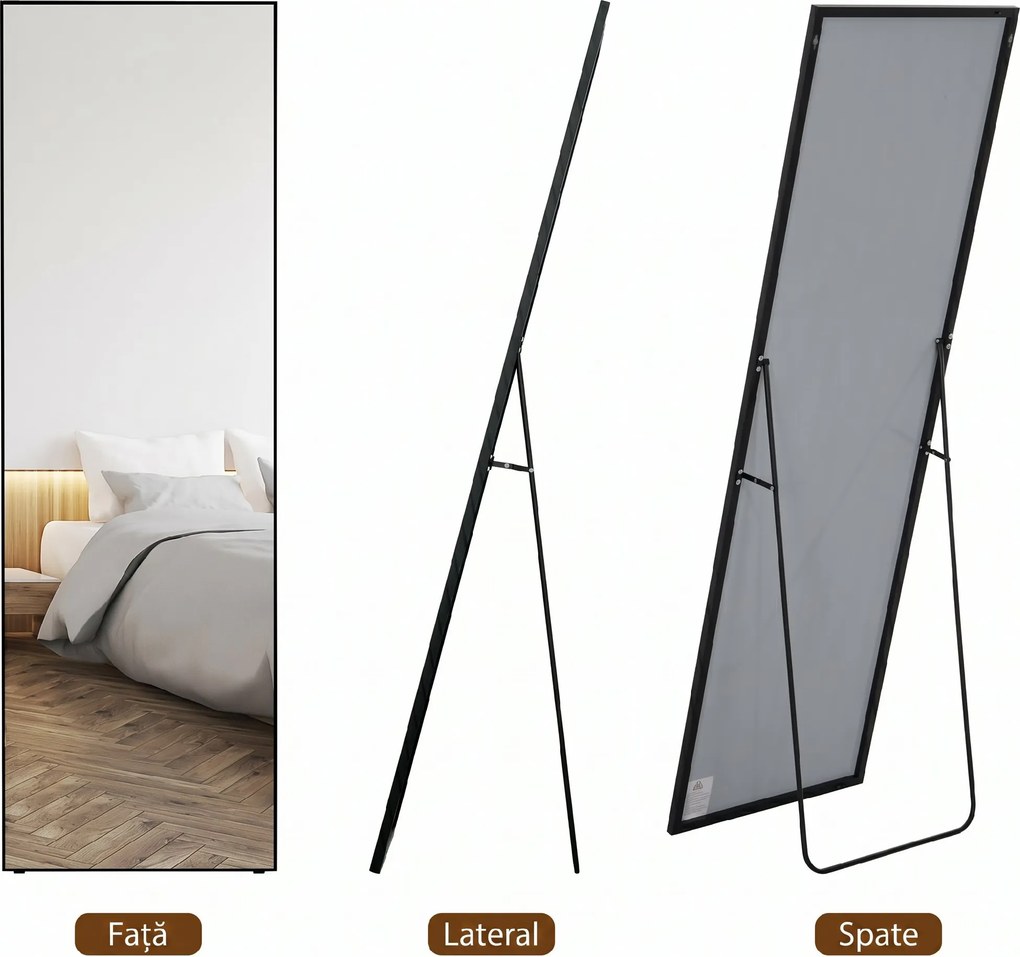 HOMCOM Oglindă Verticală din Metal, 50x2x161.5 cm, Negru | Aosom Romania