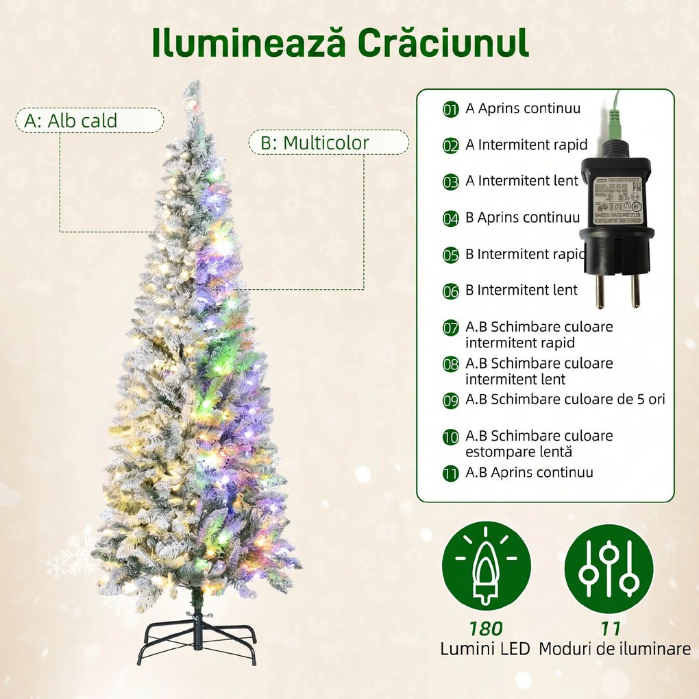 HOMCOM Brad de Crăciun Înzăpezit cu 180 de Lumini LED cu 11 Efecte și 479 de Ramuri, Ø65x180 cm, Verde și Alb | Aosom Romania