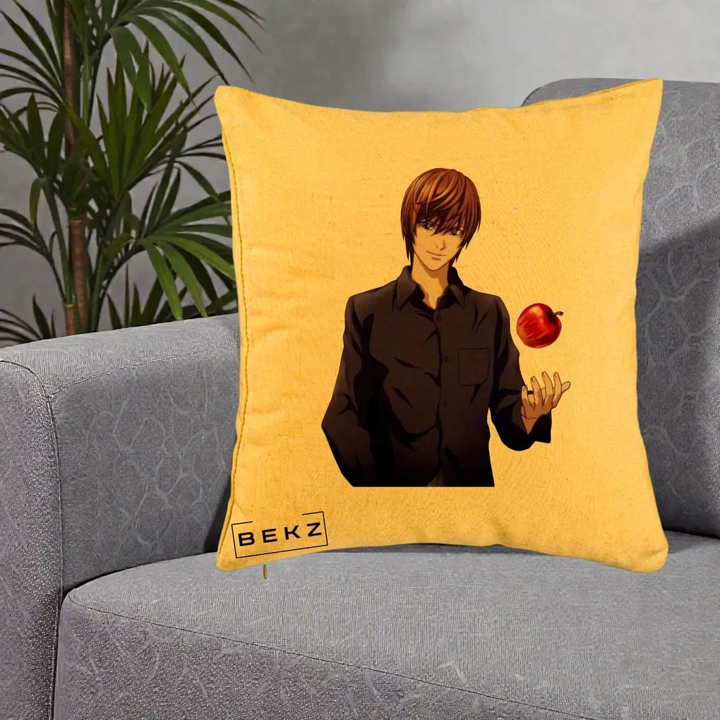 Perna Personalizata Death Note Light Yagami cu Mar, 40x40 cm, Galben, Husa Detasabila, Perna Inclusa, BEKZ®