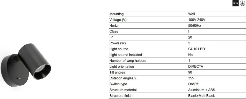 Aplica de perete cu spot directonabil STAN negru