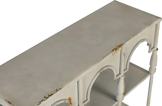 Etajeră de perete din metal, alb, trei arcade și 2 rafturi compartimentate, finisaj antichizat, 70 x 60 x 20 cm, „Fontaine”