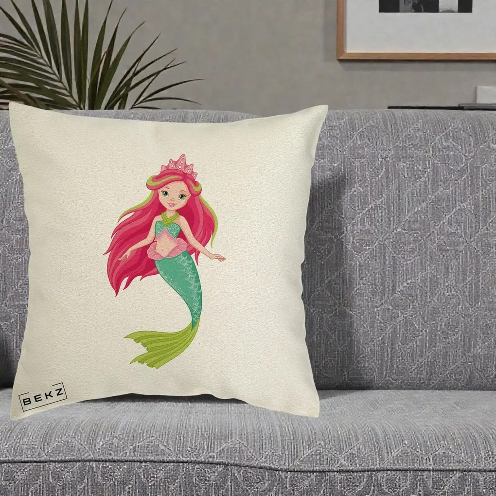 Perna Decorativa Sirena Roz cu Coroana, 40x40 cm, Ecru, Husa Detasabila, Perna Inclusa, BEKZ®