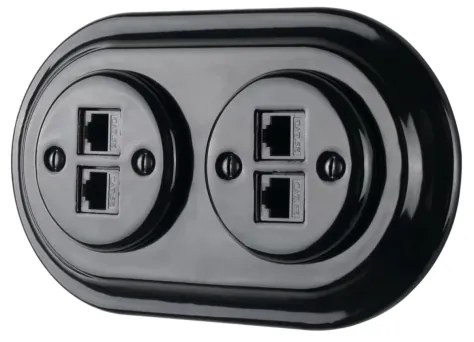 Bohemia-Design - Priză Ethernet retro din porțelan, fără ramă, 2x CAT5e, neagră