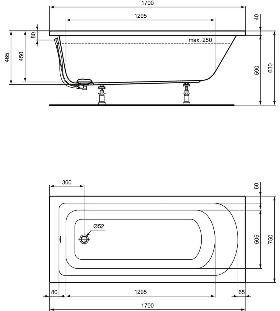 Cada baie incastrata Ideal Standard Hotline, dreptunghiulara, 170x75 cm 1700x750 mm