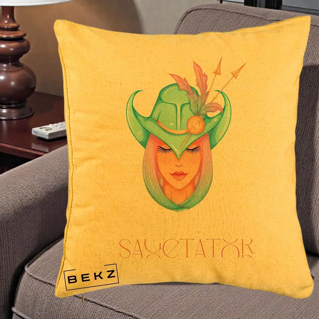 Perna Personalizata Zodiac Sagetator Cowgirl, 40x40 cm, Galben, Husa Detasabila, Perna Inclusa, BEKZ®