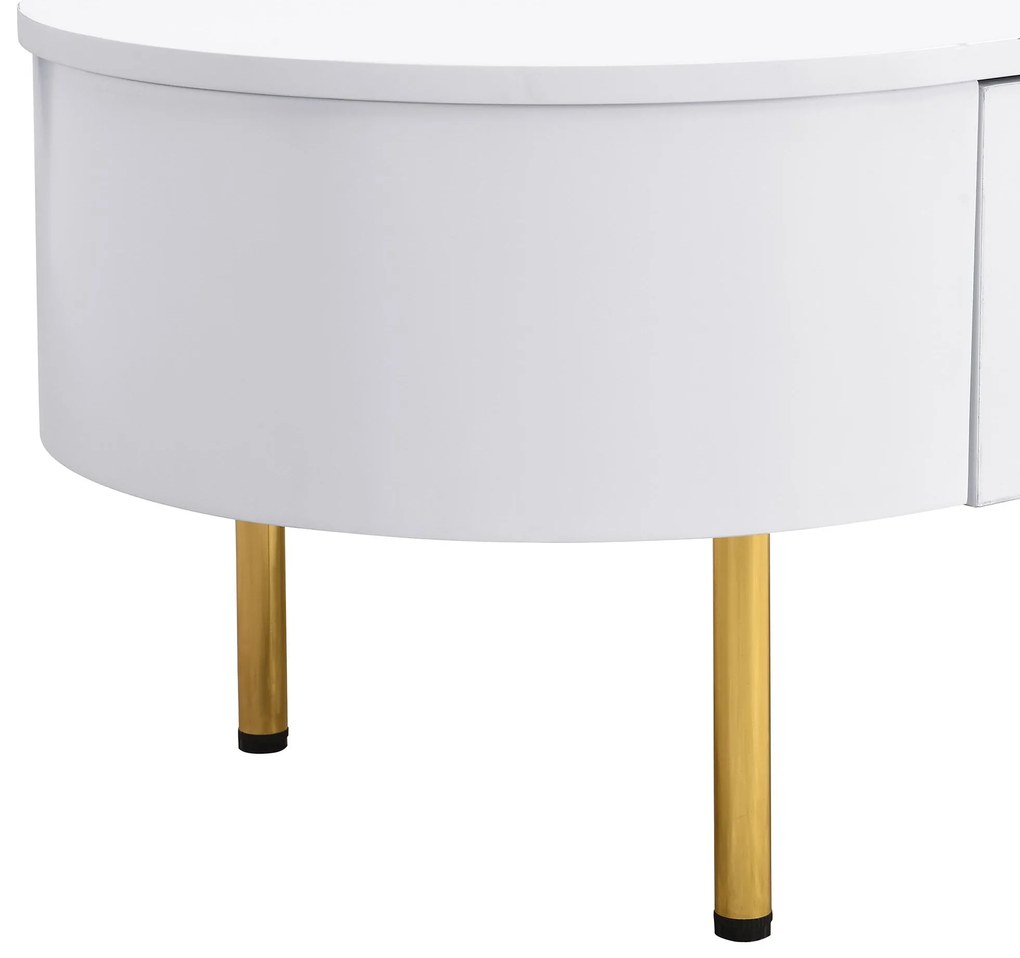Masă de cafea cu 2 sertare, colțuri rotunjite, mânere și picioare aurii, 108x50x40 cm, Alb