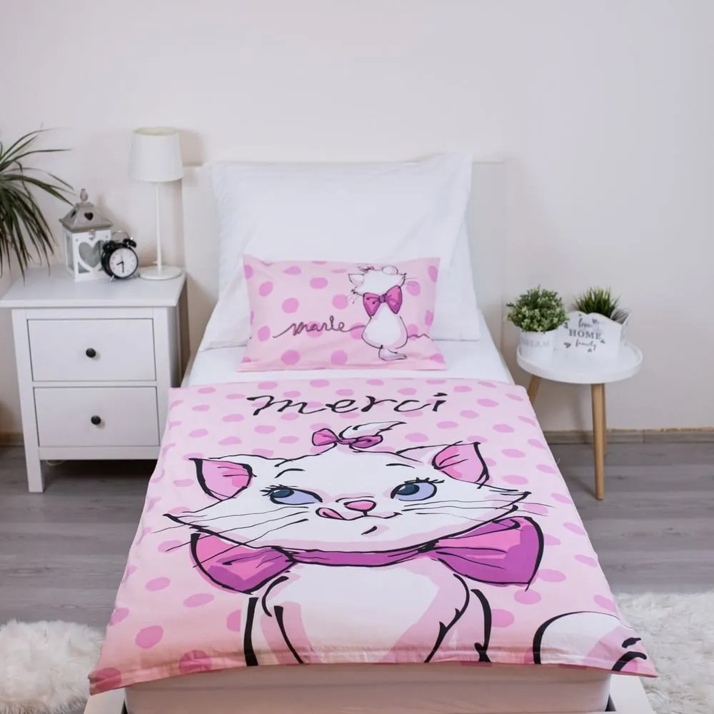 Lenjerie de pat pentru copii roz din bumbac pentru pătuț 100x135 cm Marie Cat "Merci" – Jerry Fabrics