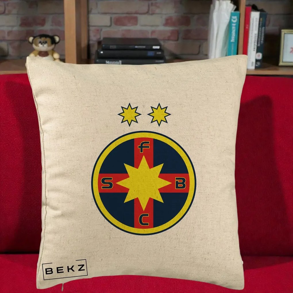 Perna Personalizata FCSB Fotbal Club Steaua Bucuresti, 40x40 cm, Bej, Husa Detasabila, Perna Inclusa, BEKZ®