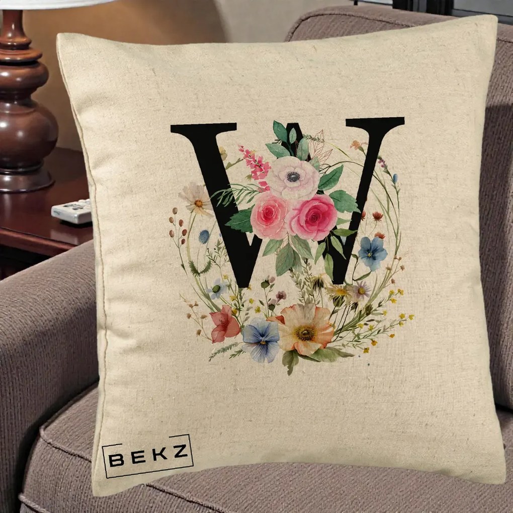 Cadou Personalizat - Perna Personalizata Monograma Florala Litera W, 40x40 cm, Bej, Husa Detasabila, Perna Inclusa, BEKZ®