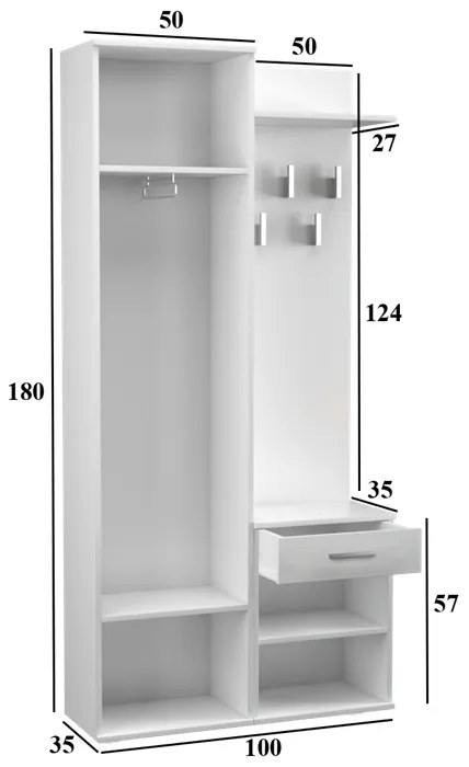 CUI529 - Cuier 100 x 35 x 180 cm - 5 agatatori haine, hol, pantofar cu oglinda - Alb