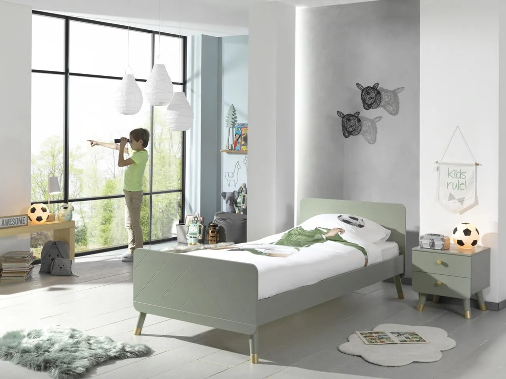Set Pat Single și Noptieră pentru Copii, 2 Piese, 90x200 cm, Verde Olive (Pin Masiv și MDF) – Billy – Vipack