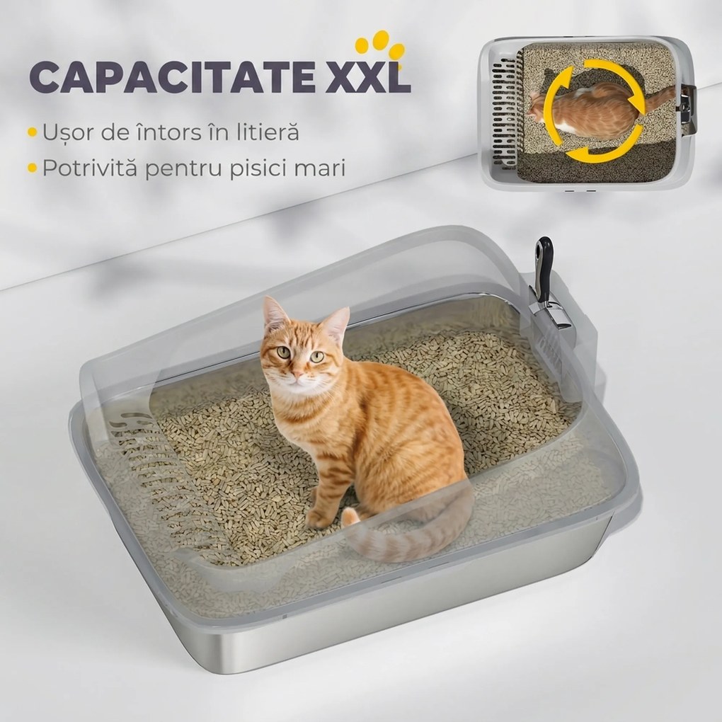 PawHut Litieră pentru Pisici XXL din Oțel Inoxidabil cu Lopățică și Laterale Înalte, Gri | Aosom Romania