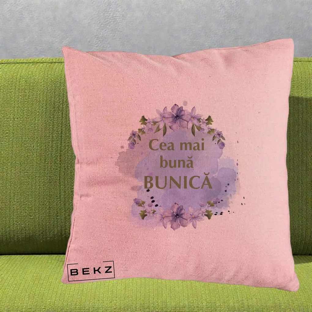 Cadou pentru Bunica - Perna Personalizata Cea Mai Buna Bunica Flori Mov Acuarela Auriu, 40x40 cm, Roz, Husa Detasabila, Perna Inclusa, BEKZ®