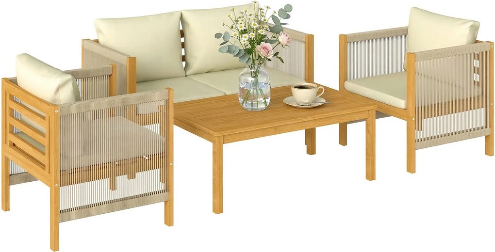 Outsunny Set mobilier de grădină din lemn pentru 4 persoane cu canapea 2 locuri, 2 fotolii, masă, împletitură din frânghie, design cu lamele, perne lavabile | Aosom Romania