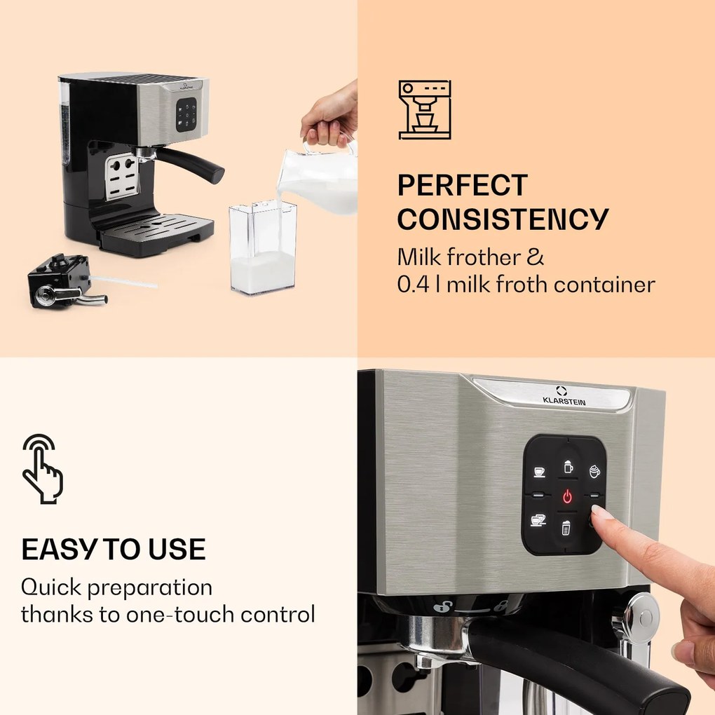 Klarstein Bella Vita, aparat de cafea, 1450 W, 20 bar, spumă de lapte, 3 în 1, gri