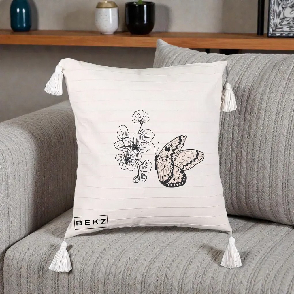Perna Decorativa Fluture si Flori Linie Monocroma, 40x40 cm, Bej cu Franjuri, Husa Detasabila, Perna Inclusa, BEKZ®