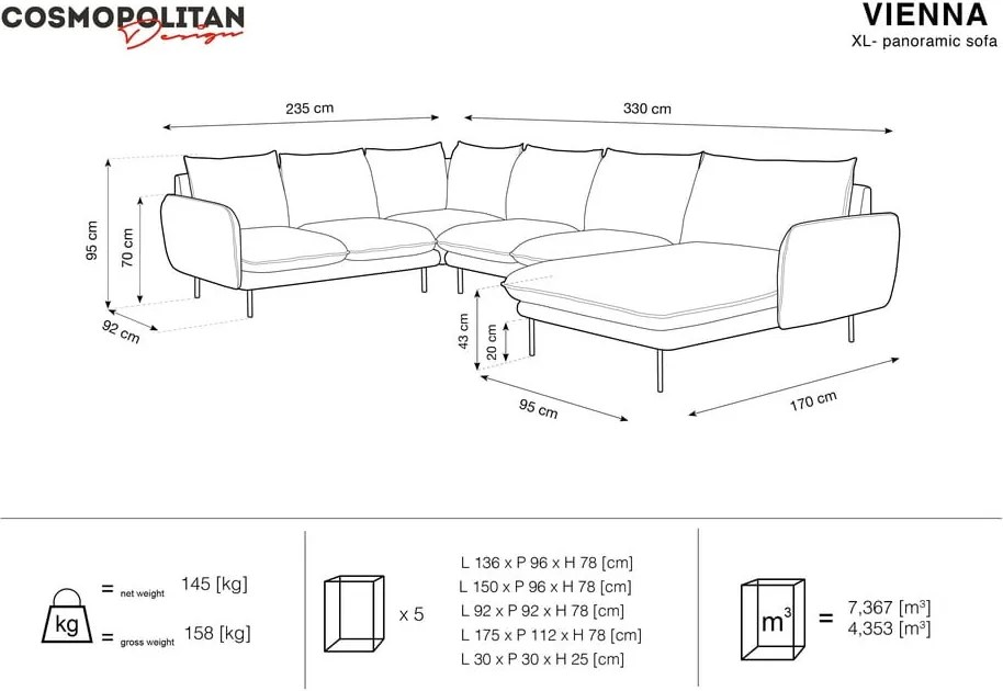 Canapea în formă de "U" cu extensie pe partea stângă Cosmopolitan Design Vienna, bej