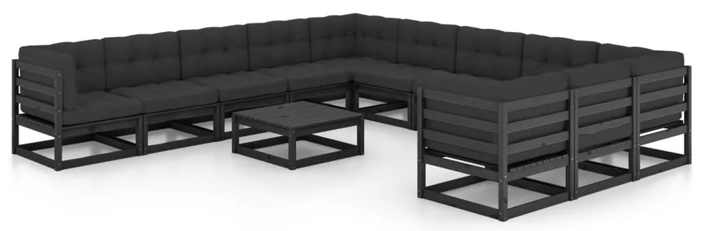 vidaXL Set mobilier de grădină cu perne12 piese, negru, lemn masiv pin