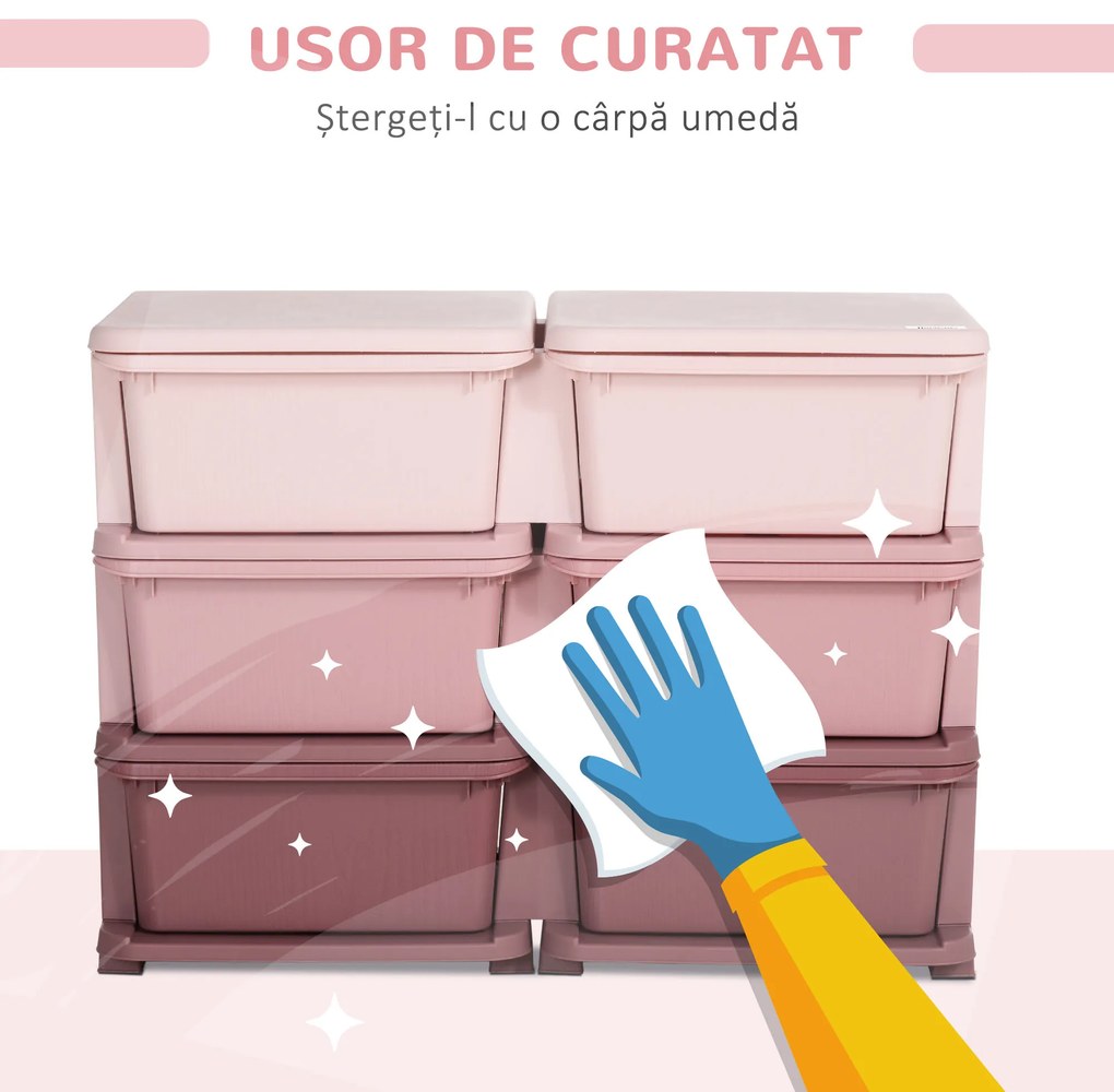 HOMCOM Comodă 6 Sertare pentru Copii cu Margini Rotunjite din PP Roz | Aosom Romania