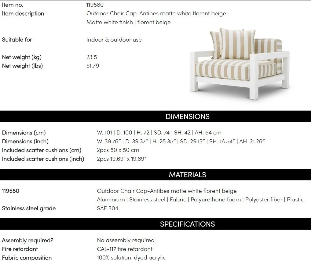 Fotoliu de interior/ exterior design LUX Cap-Antibes, alb mat