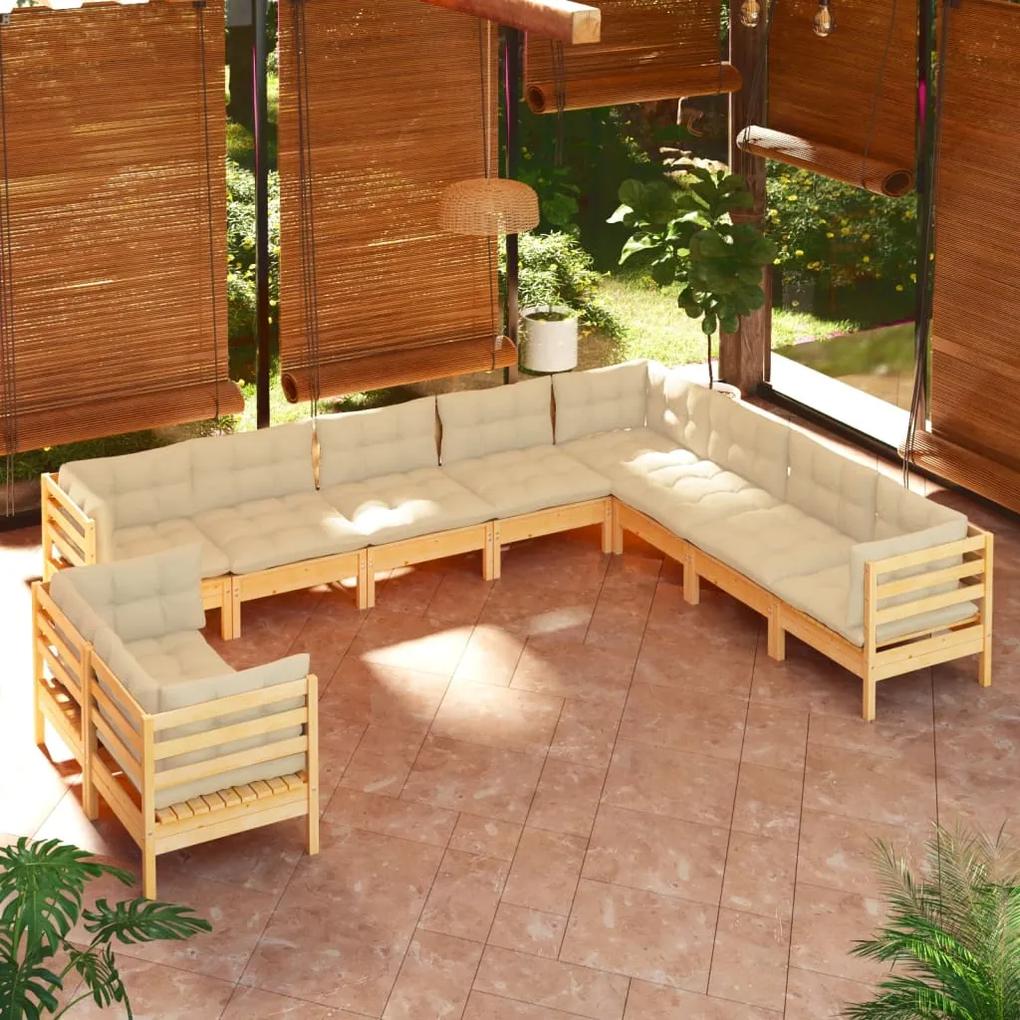3096911 vidaXL Set mobilier grădină cu perne crem, 10 piese, lemn masiv de pin