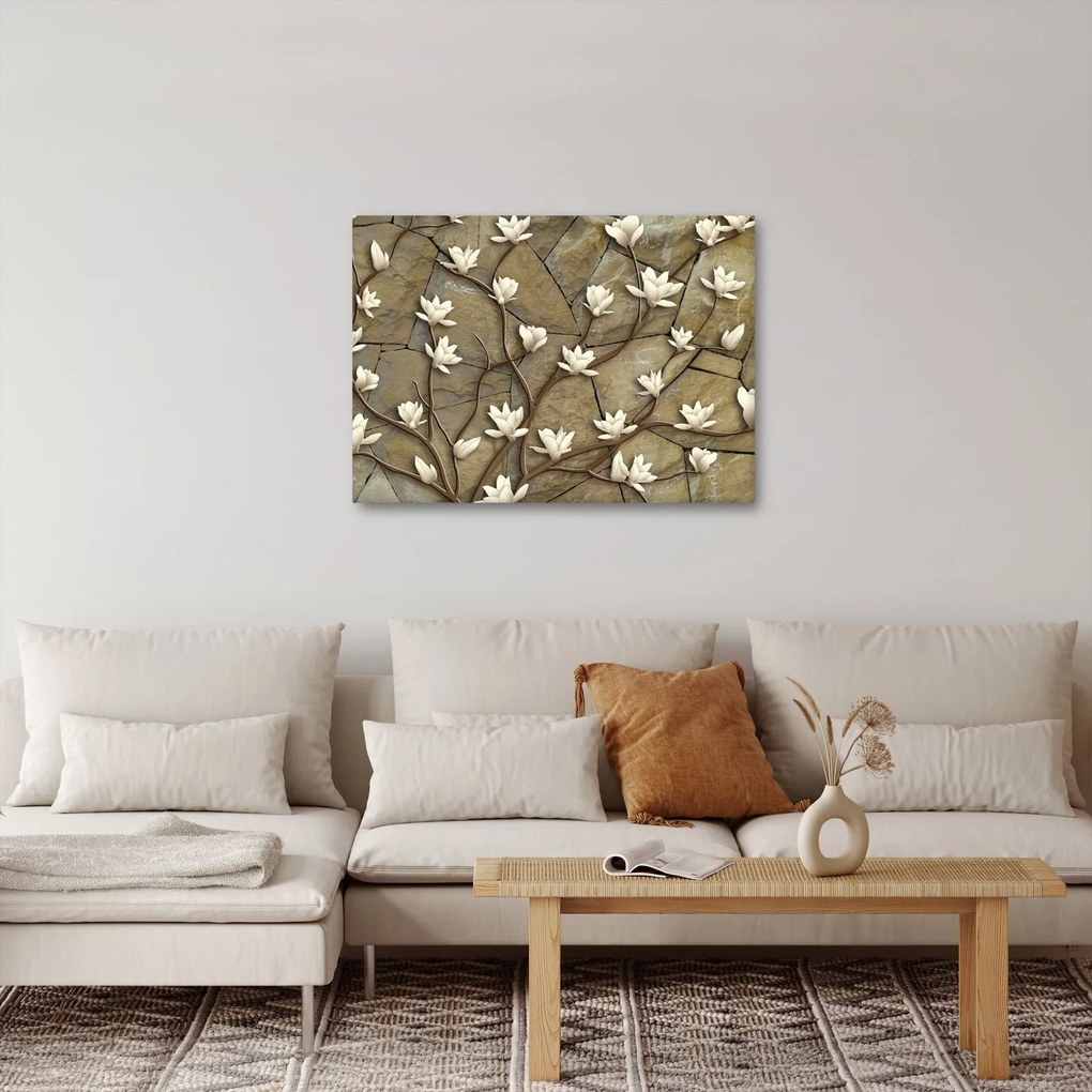 Tablou - Magnolii albe pe zidărie de piatră (70x50 cm)