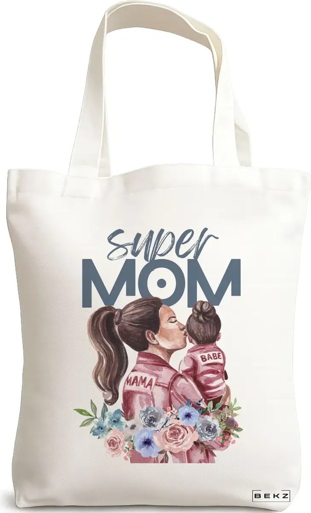 Sacosa de Panza pentru Cumparaturi, Geanta Tote, model Super Mom 2, 38x34.5 cm, Alba, BEKZ®