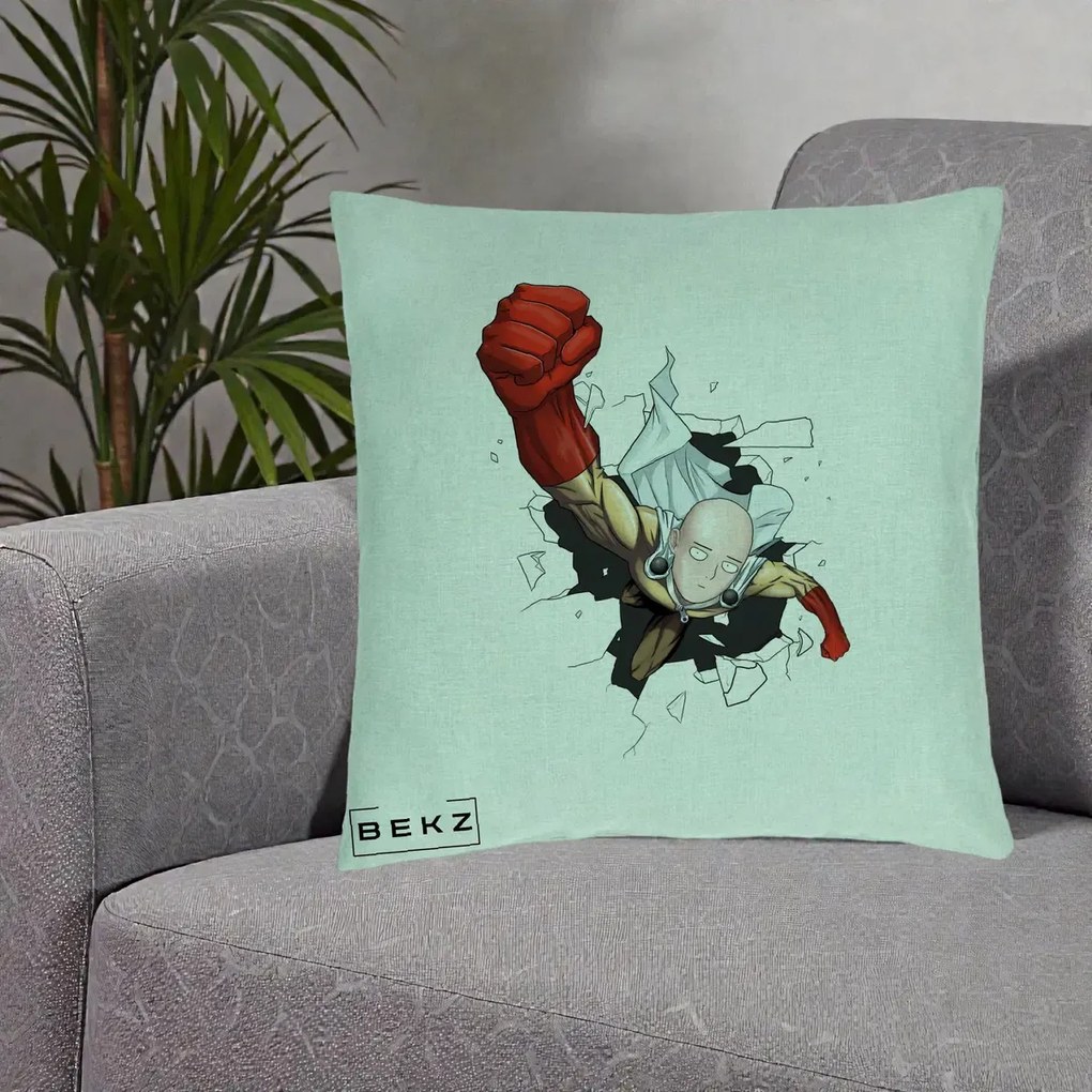 Perna Personalizata One Punch Man Saitama Pumn, 40x40 cm, Verde Menta, Husa Detasabila, Perna Inclusa, BEKZ®