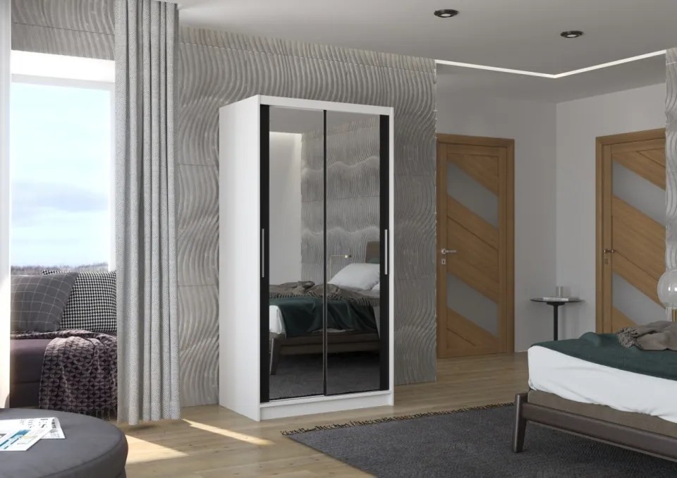 Dulap cu usi glisante si oglinda 100x200 cm, Nevio, ADRK Furniture (Culoare: Alb / Sonoma)