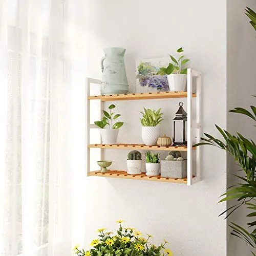Etajera de Perete cu 3 Rafturi Reglabile, Bambus, Alb / Natur, Vasagle, BCB13WN