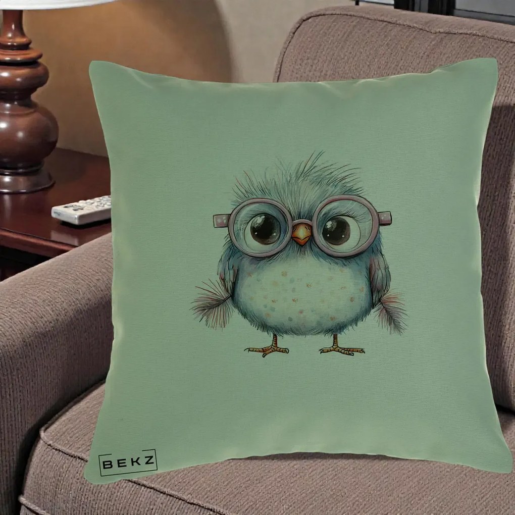 Perna Decorativa Pui Pufos cu Ochelari Roz, 40x40 cm, Verde, Husa Detasabila, Perna Inclusa, BEKZ®
