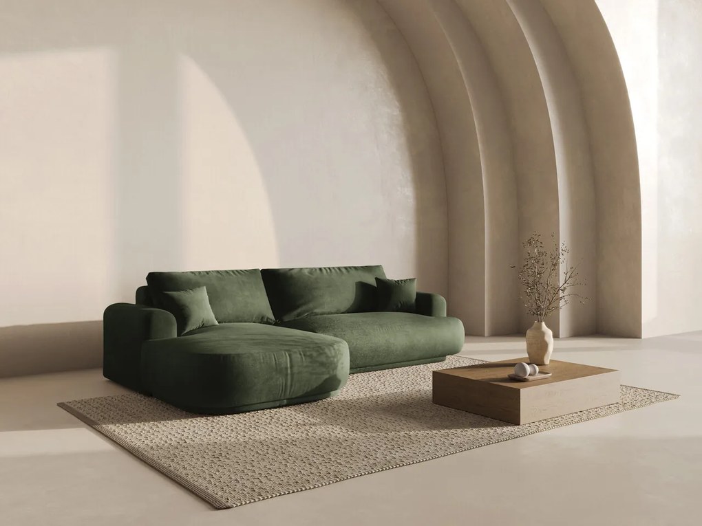 Coltar extensibil stanga 5 locuri, modular, cu lada depozitare, Ella, Micadoni Home, 271x174x94 cm, catifea, verde