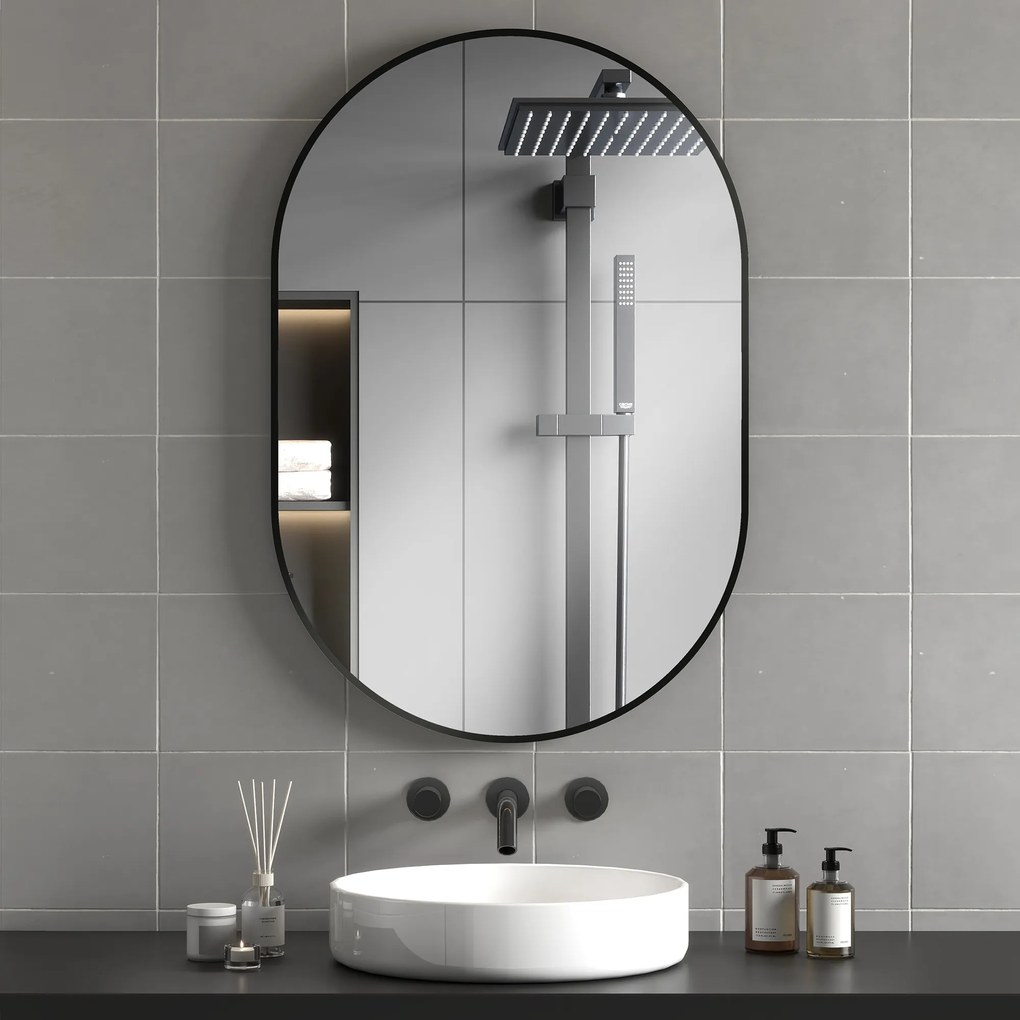 HOMCOM Oglindă pentru Baie cu Ramă din Aluminiu, 40x70 cm, Negru | Aosom Romania