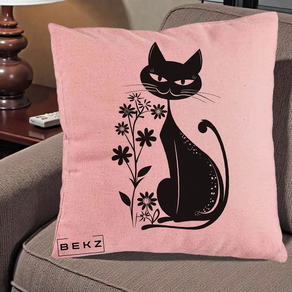 Perna decorativa Pisica Neagra Grafica Minimalista, 40x40 cm cu Umplutura, Roz, BEKZ