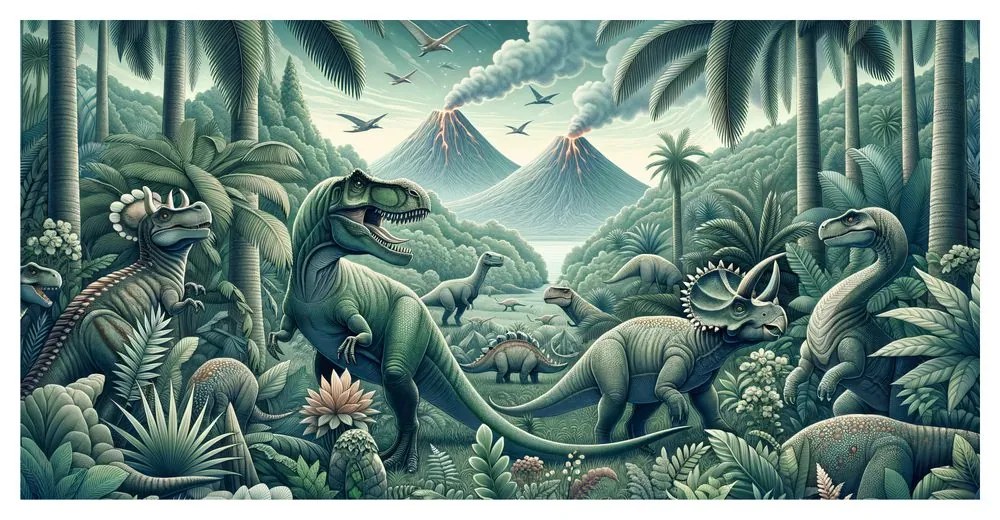 Tablou lumea preistorică a dinozaurilor în junglă