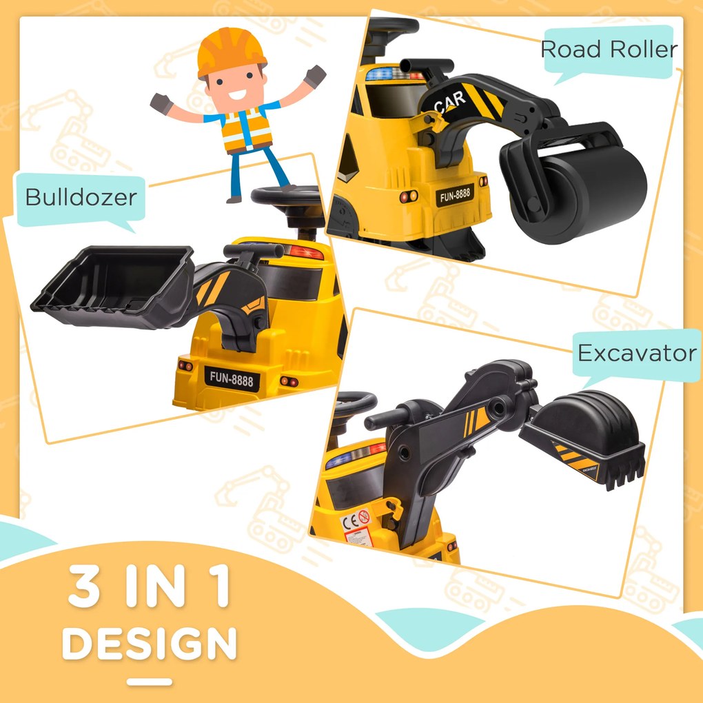 Aosom 3 in 1 Ride on Excavator Bulldozer with Music, Yellow | Aosom Romania