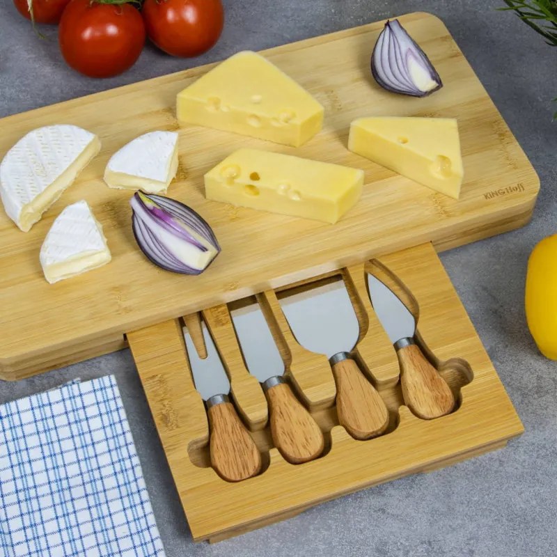 Set de brânză Kinghoff KH 1567, 40 cm, 5 bucăți, sertar, bambus
