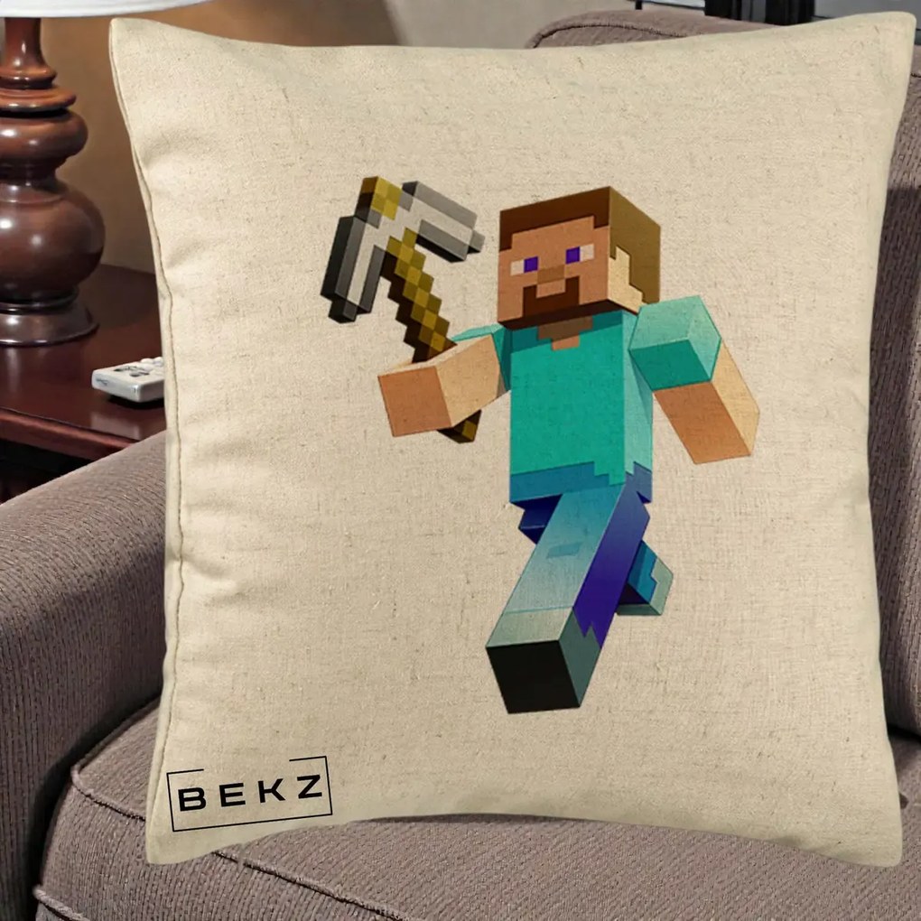 Perna Personalizata Minecraft Steve cu Tarnacop, 40x40 cm, Bej, Husa Detasabila, Perna Inclusa, BEKZ®