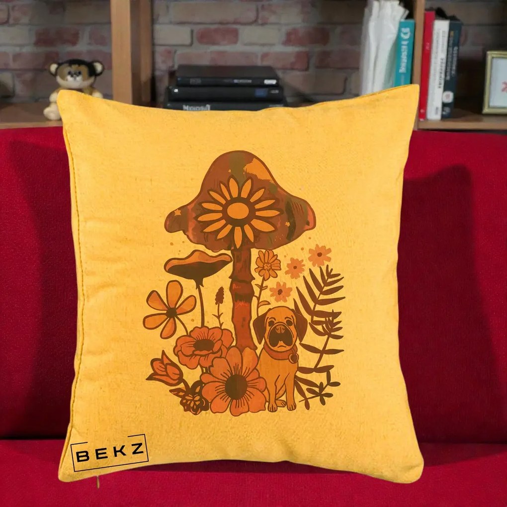 Perna Decorativa Ciuperca Caine Boho, 40x40 cm, Galben, Husa Detasabila, Perna Inclusa, BEKZ®