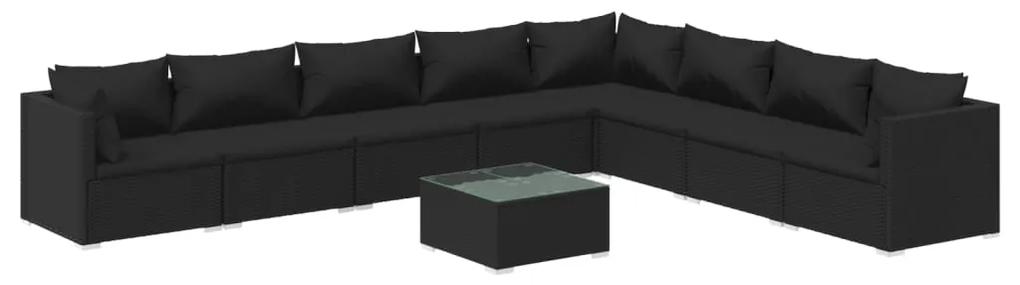Set mobilier de gradina cu perne, 9 piese, negru, poliratan Negru, 3x colt + 5x mijloc + masa, 1