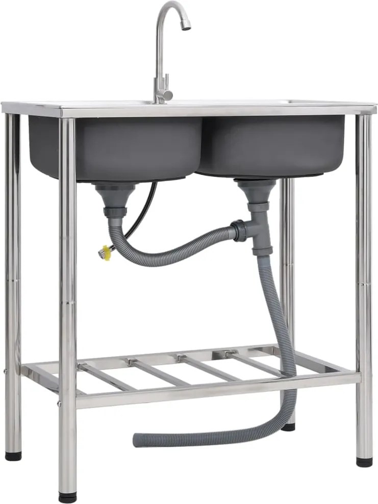 vidaXL Chiuvetă de camping, cuvă dublă, cu robinet, oțel inoxidabil