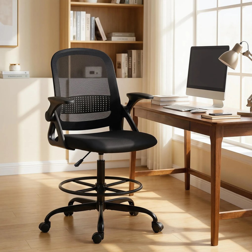 HOMCOM Scaun de Birou Ergonomic, Scaun Rotativ din Plasă, Înălțime Reglabilă și Suport pentru Picioare, Scaun de Birou cu Suport Lombar și Brațe Rabatabile, Capacitate 120kg, Negru | Aosom Romania