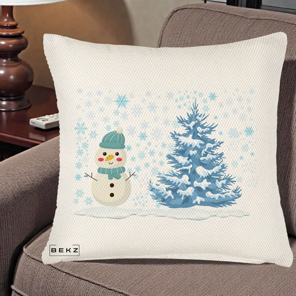 Perna Decorativa Om de Zapada si Brad Craciun, 40x40 cm, Crem Reliefat, Husa Detasabila, Perna Inclusa, BEKZ®